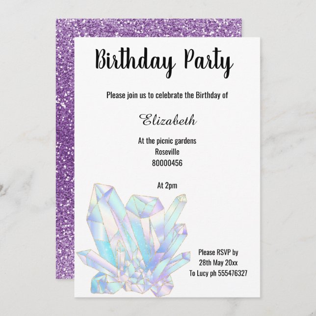 Parties scintillant CRISTAL PURPLE INVITATION D'AN (Devant / Derrière)