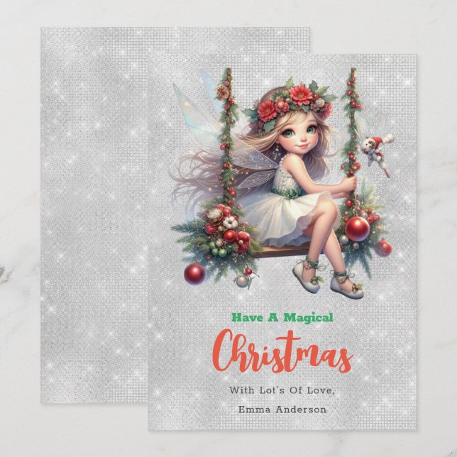 Parties scintillant d'argent Fée de Noël | Carte p (Devant / Derrière)