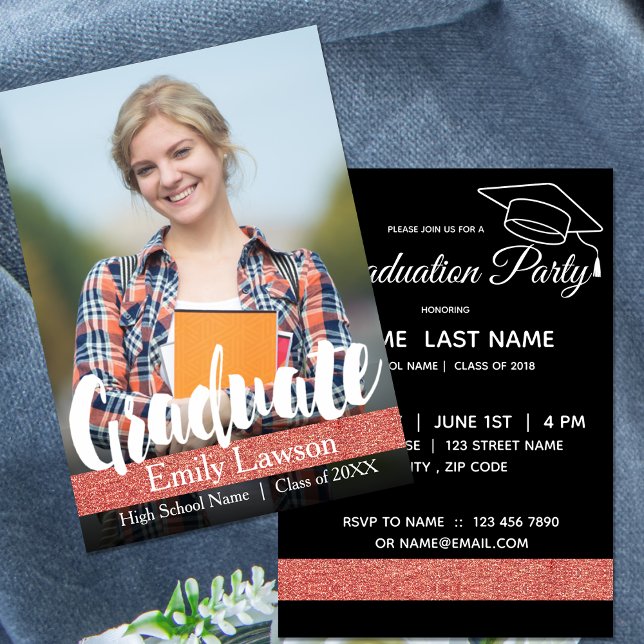 Parties scintillant de Rose noir blanc | Carte de  (Black White Rose Glitter | Photo Graduation card)