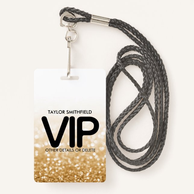 Parties scintillant d'or badge de bannières VIP te (Devant avec lanière)