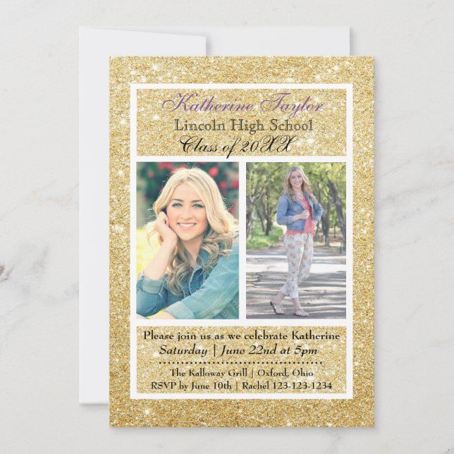 Parties scintillant d'or Graduation Faire-part 2 P (Devant)