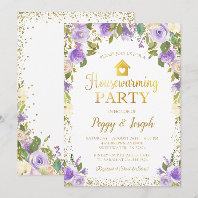 Parties scintillant d'or Purple Floral Invitation  (Devant / Derrière)