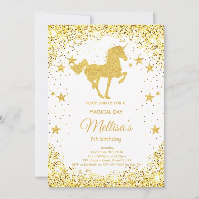Parties scintillant d'or unicorne invitation anniv (Devant)