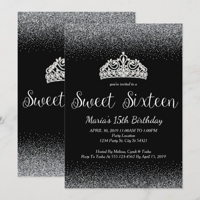 Parties scintillant en argent, Sweet 16 Invitation (Devant / Derrière)
