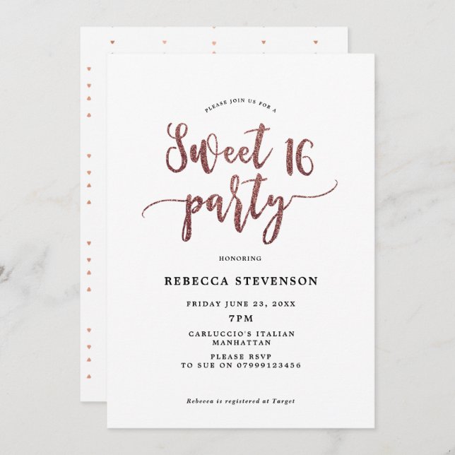 parties scintillant en or rose douce 16 invitation (Devant / Derrière)