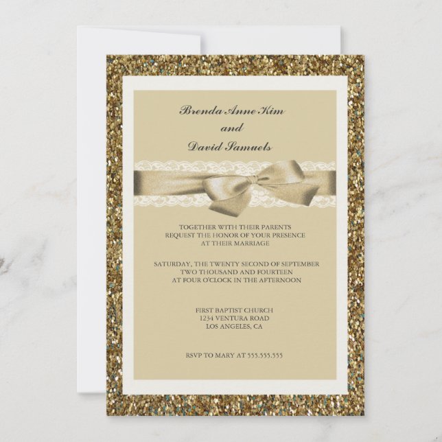 Parties scintillant Gold Lace Faire-part de mariag (Devant)