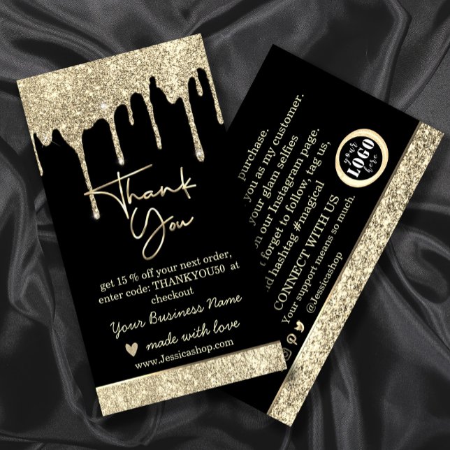 Parties scintillant gouttes d'or merci carte de vi (Glitter gold drips thank you business card #blackgoldbusinesscard #makeupartist)