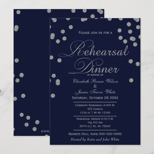 parties scintillant marine argent dîner invitation (Devant / Derrière)