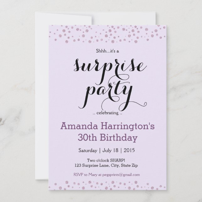 Parties scintillant pourpre Surprise Invitations d (Devant)