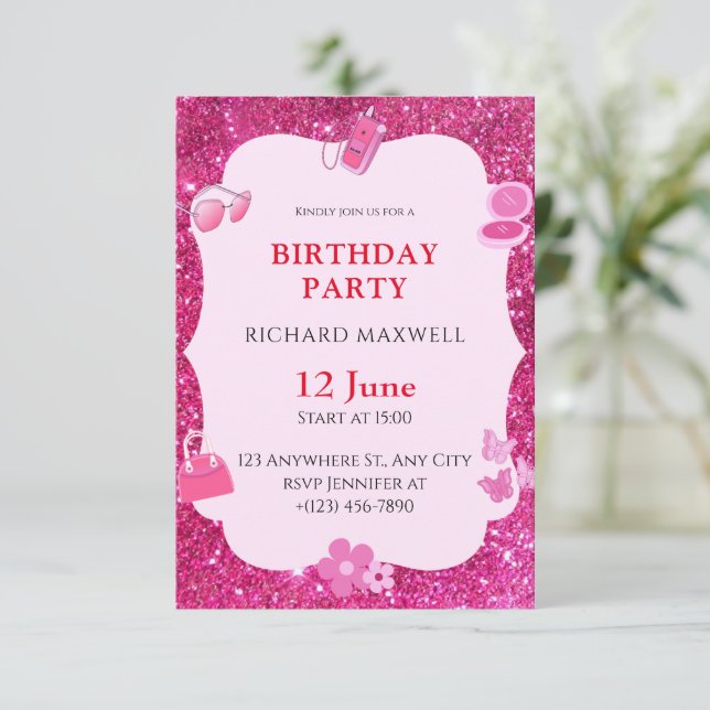Parties scintillant rose Invitation d'anniversaire (Debout devant)