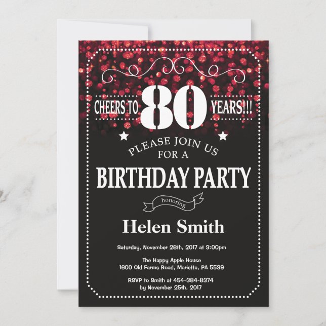 Parties scintillant rouge Invitation de 80e annive (Devant)