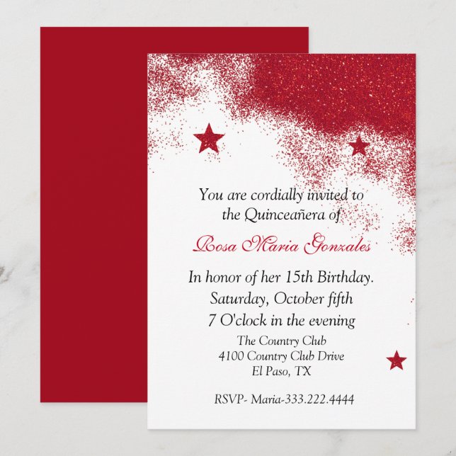 Parties scintillant rouge Quinceañera Invitation (Devant / Derrière)