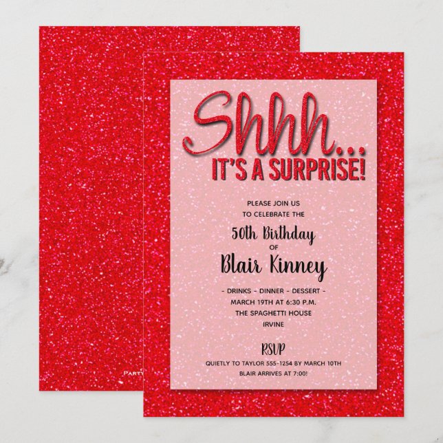 Parties scintillant rouge SURPRISE Invitations d'a (Devant / Derrière)