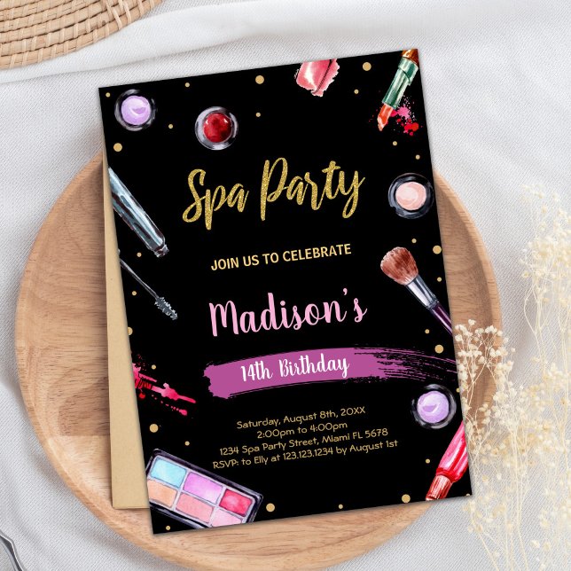Parties scintillant Spa noir Invitations d'anniver (Glitter Black Spa Birthday Invitations)