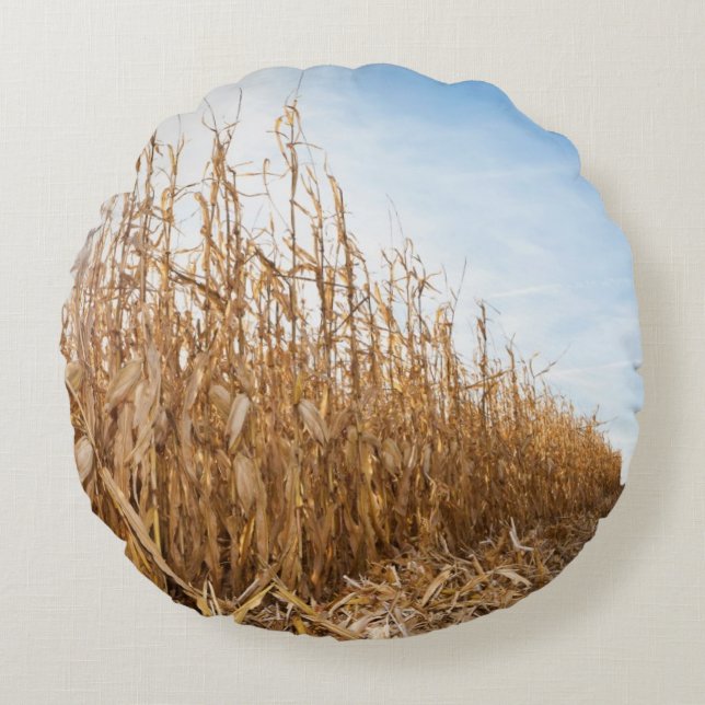 Partly Harvested Corn Field Round Pillow (Front)