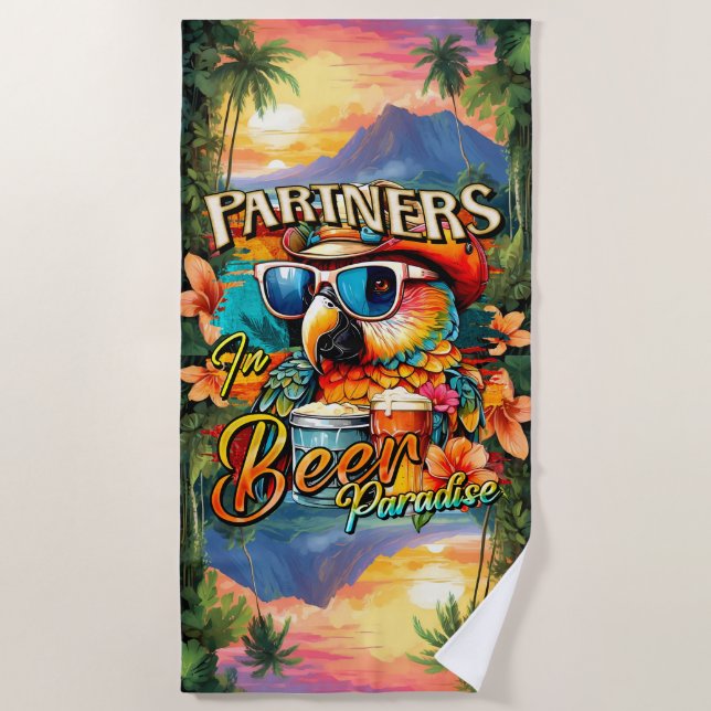 Partners in Beer Paradise Parrot Tropical Beach Towel (Front)