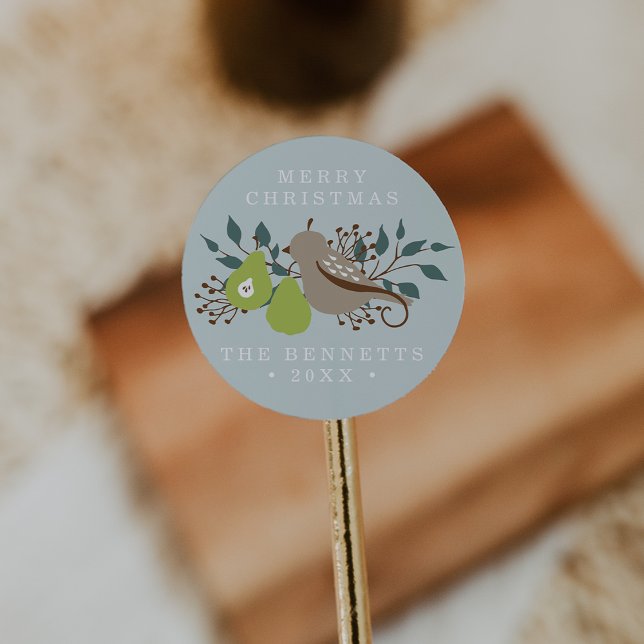 Partridge and Pear Personalized Holiday Classic Round Sticker (Creator Uploaded)
