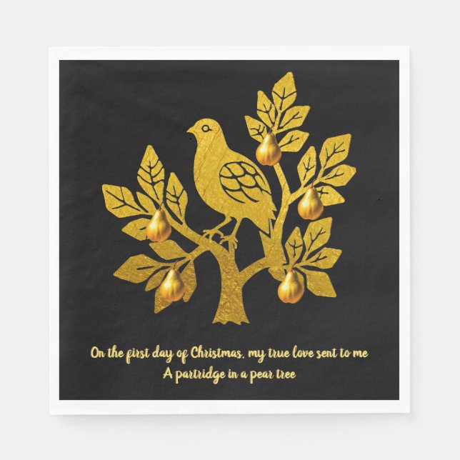 Partridge In A Pear Tree Black Gold Christmas Napkin (Front)