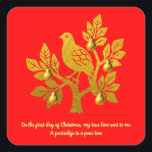 Partridge In A Pear Tree Bright Red Gold Christmas Square Sticker<br><div class="desc">A charming festive sticker with a picture of a partridge in a pear tree, with a faux gold appearance, on a bright red background. Below the picture are the words of the first line of the well-known Christmas carol, 'The Twelve Days of Christmas'. These seasonal stickers are a stylish addition...</div>
