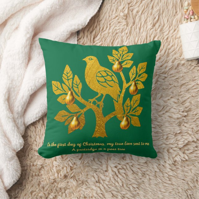 Partridge In A Pear Tree Emerald Green Christmas Throw Pillow (Blanket)