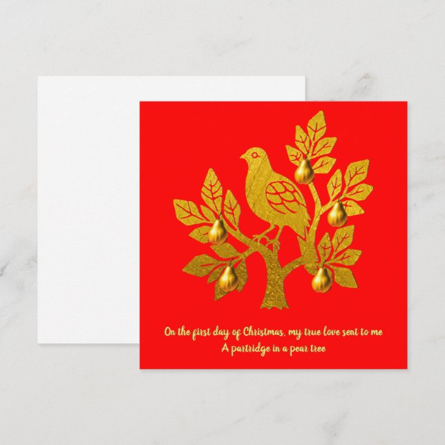 Partridge In A Pear Tree Pretty Red Gold Christmas Holiday Card (Front/Back)
