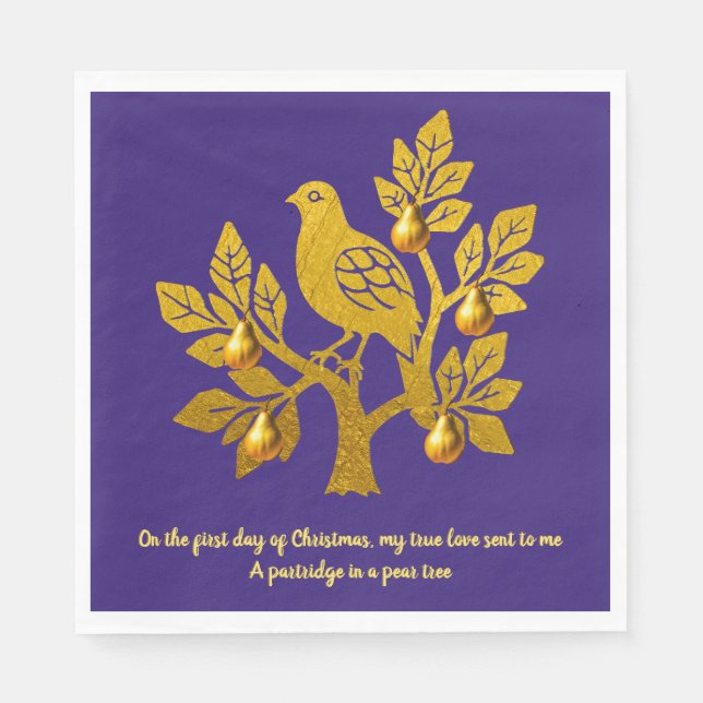 Partridge In A Pear Tree Purple Gold Christmas Napkin (Front)