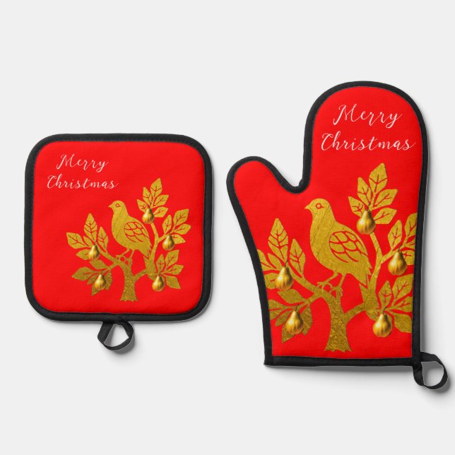 Partridge In A Pear Tree Red Merry Christmas Oven Mitt & Pot Holder Set (Front)