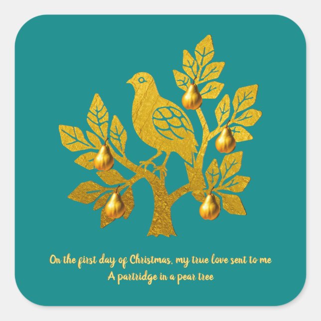 Partridge In A Pear Tree Teal Golden Christmas Square Sticker (Front)