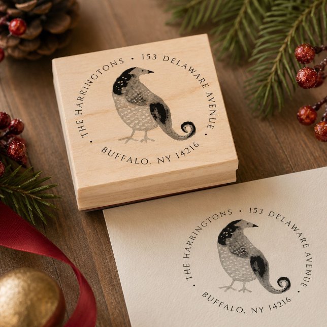 Partridge Return Address Round Hand-Illustrated Rubber Stamp (On this partridge address label, my cute bird artwork is surrounded by a circle address.)