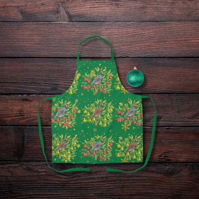 Partridges, pear trees, and snowflakes green apron (Creator Uploaded)