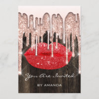 Party 16th Kiss Lips Rose Glitter Wood. Red