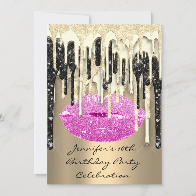 Party 16th Lips Kiss Black Pink Glitter Drips Invitation (Front)