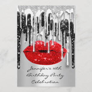 Party 16th Lips Kiss Black Red Glitter Drips  Invitation