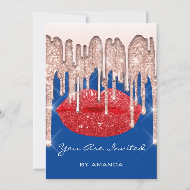Party 16th Red Kiss Lips Rose Glitter Blue Invitation (Front)