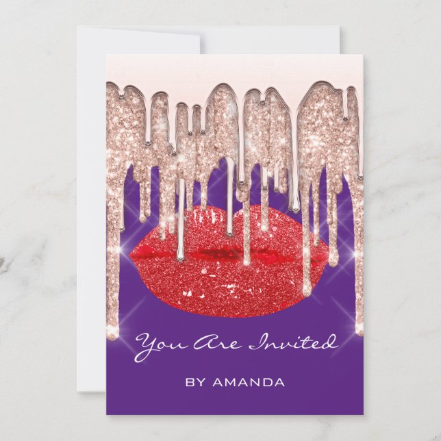 Party 16th Red Kiss Lips Rose Glitter Purple Invitation (Front)