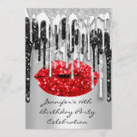 Party 16th Red Lips Kiss Black Grey Glitter Drips 