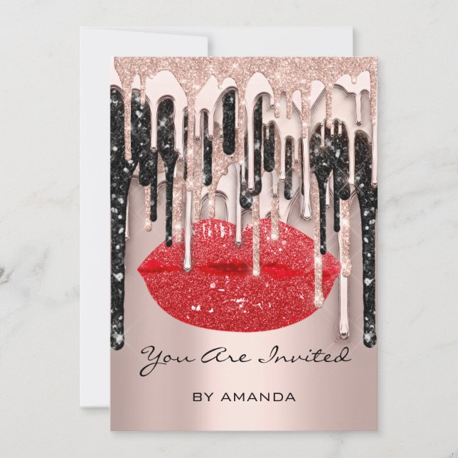 Party 16th Red Lips Kiss Rose Glitter Drips Rose Invitation (Front)