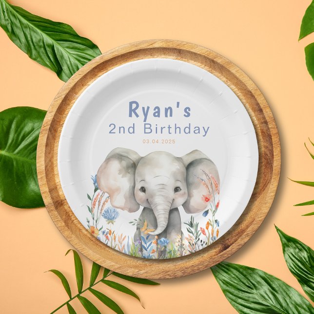 party animal 2nd birthday paper plate (Safari Jungle Watercolor Cute Elephant Orange Blue Flowers 2nd Birthday Paper Plate)