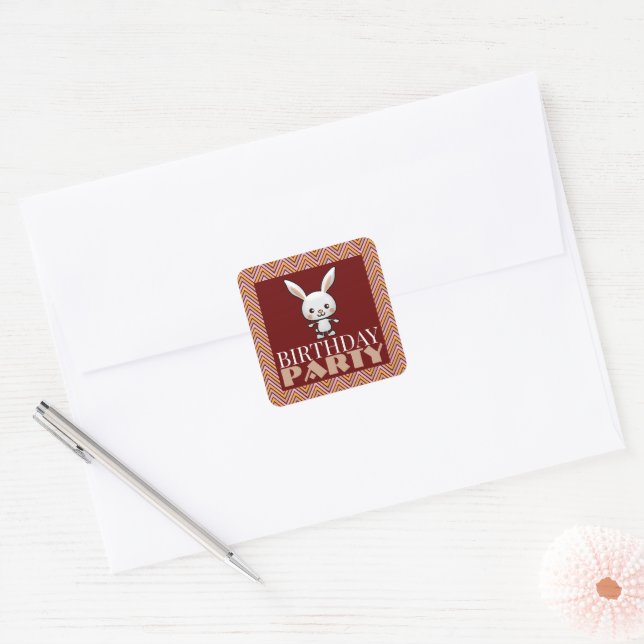 Party Animal Bunny, Chevron Birthday Party Square Sticker (Envelope)