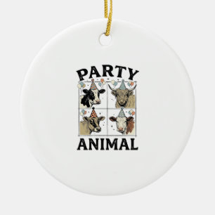 Party Animal Cow Vintage Engraving T-Shirt Design_ Ceramic Ornament