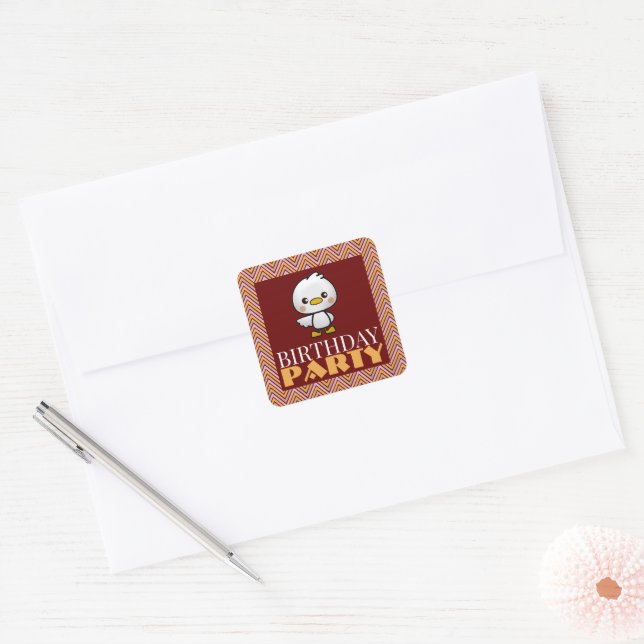 Party Animal Duck, Chevron Birthday Party Square Sticker (Envelope)