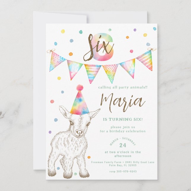 Party Animal Goat 6th Birthday Invite for Kids (Front)