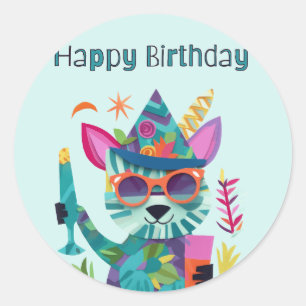 Party Animal Happy Birthday Colourful Classic Round Sticker