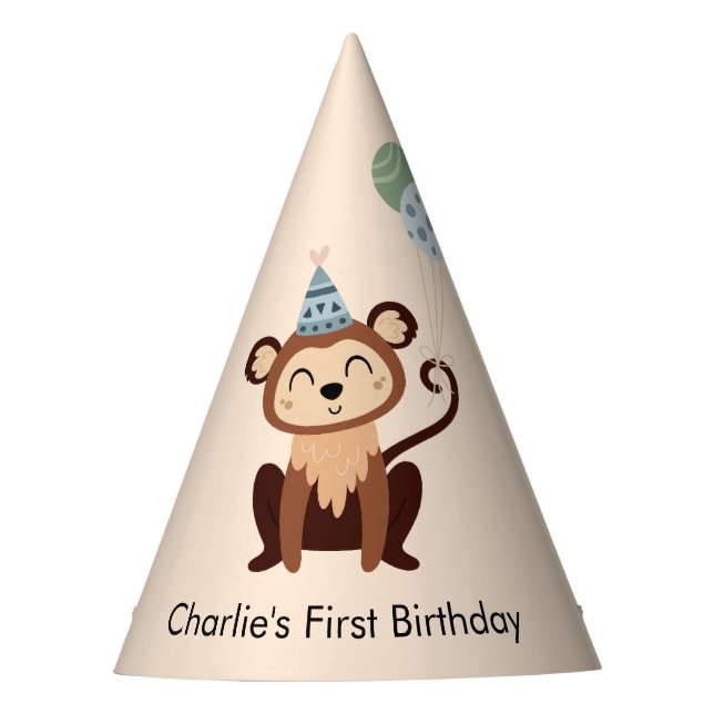 Party Animal Monkey with balloons, Birthday Party Hat (Front)