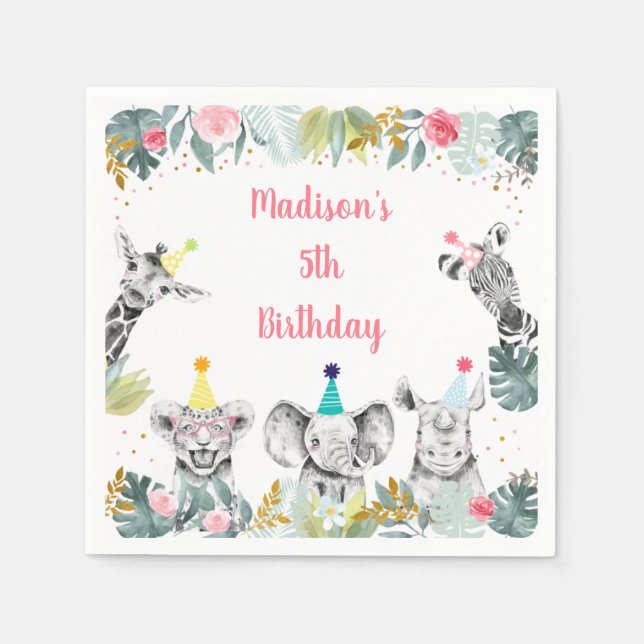 Party Animal Pink Gold Safari Birthday Napkin (Front)