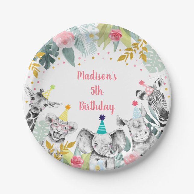 Party Animal Pink Gold Safari Birthday Paper Plate (Front)