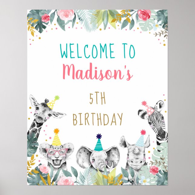 Party Animal Pink Gold Safari Birthday Welcome Poster (Front)