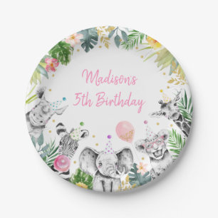 Party Animal Pink Gold Tropical Safari Birthday Paper Plate
