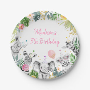 Party Animal Pink Gold Tropical Safari Birthday Paper Plate