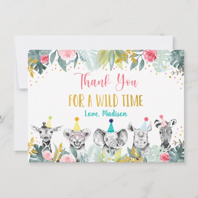 Party Animal rose Gold Safari Anniversaire Merci (Devant)